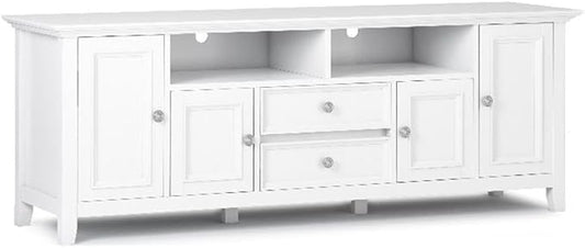 SIMPLIHOME Amherst 72-inch Wide Solid Wood TV Stand in White, Transitional-Style Media Console for Living Room with Cable Management and Adjustable Shelves, Fits 80" TVs