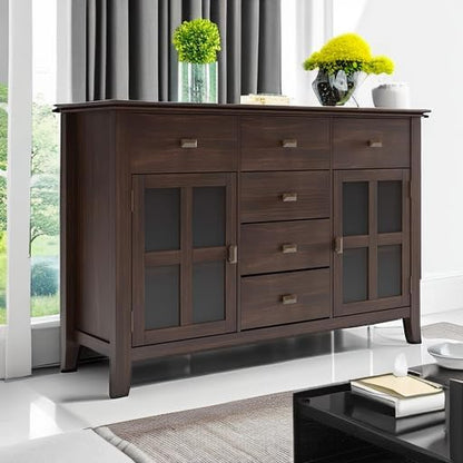 SIMPLIHOME Artisan Buffet - 54 inch Wide Solid Wood 3-Door Sideboard Buffet in Dark Chestnut Brown, Transitional Storage Cabinet for Dining Room or Kitchen with Adjustable Shelves and Bronze Hardware
