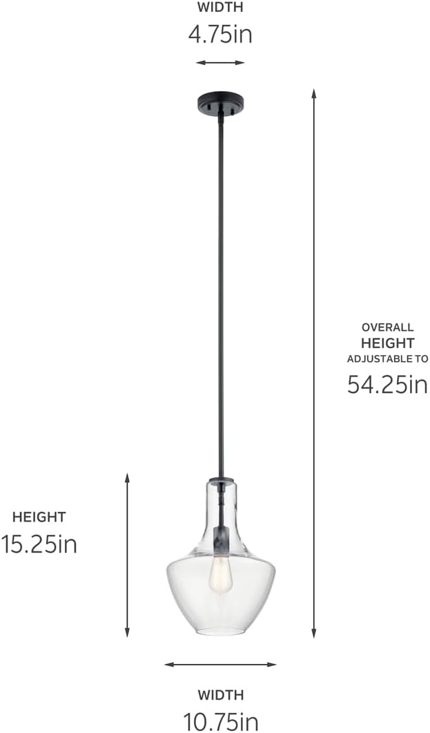 KICHLER Everly 1 Light Pendant in a Rich Black Finish, for Living Room, Dining Room and Kitchen, 100 Watts, (15.25" H x 10.5" Dia), 42141BK