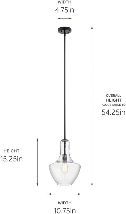 KICHLER Everly 1 Light Pendant in a Rich Black Finish, for Living Room, Dining Room and Kitchen, 100 Watts, (15.25" H x 10.5" Dia), 42141BK