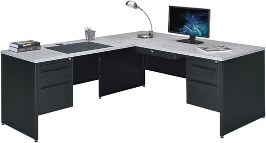 NBF Carbon L-Shaped Reversible Executive Office Work Desk - Durable Laminate Computer Desk with 4 Drawers Pedestal - Modern Desk with Storage and File Cabinet - (66" W x 78" D, Black, Gray, Maple)