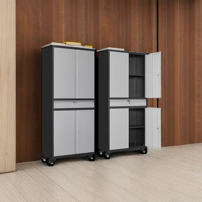 Metal Garage Storage Cabinet with Wheels and Drawer,Gray Rolling Garage Cabinet with Locking Doors and Adjustable Shelves,73" Tall Mobile Metal Storage Cabinets on Wheels for Home,Office,Garages,Tool