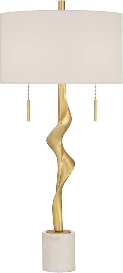 Possini Euro Design Montrose 31 3/4" Tall Sculpture Large Modern Glam Luxury End Table Lamp Pull Chain Gold Finish Marble Single Off-White Shade Living Room Bedroom Bedside Nightstand House Office