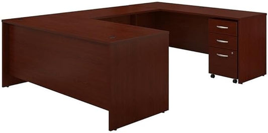 Pemberly Row 72" W U-Shaped Desk with Mobile File Cabinet - Mahogany-Wood
