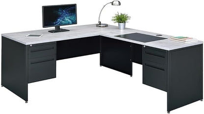 nbf signature series Modern L-Shaped Reversible Executive Office Desk - Black, Oak - 66" W x 78" D - Computer Desk with 4 Lockable Drawers - Home Office