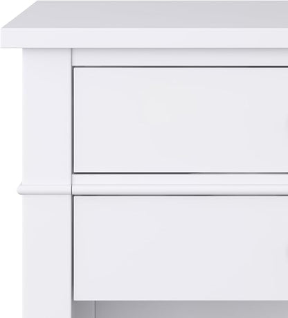 SIMPLIHOME Carlton Bedside Table - 24 inch Wide Solid Wood Nightstand Table in White, Transitional Bedroom Side or End Table with 2 Drawers, Open Storage Shelf and Bronze Hardware