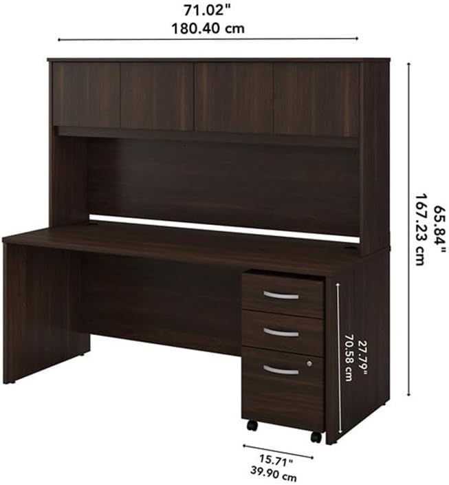 Pemberly Row Engineered Wood 72W x 30D Desk w/Hutch & Drawers in Black Walnut