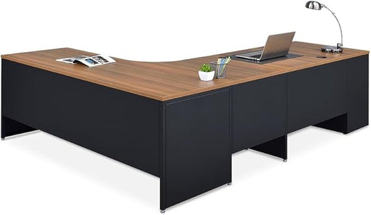 NBF Carbon L Shaped Executive Office Desk - Durable Laminate Computer Desk with 2 Drawers Pedestal - Modern Desk with Storage and File Cabinet - 72" W x 96" D Office Work Desk (Oak)