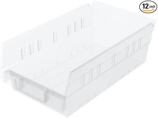 Akro-Mils 30130 Plastic Shelf Bins, Heavy Duty Storage Bins for Garage, Closet, and Drawer Organization, 12-Inch x 6-1/2-Inch x 4-Inch, Clear, 12-Pack