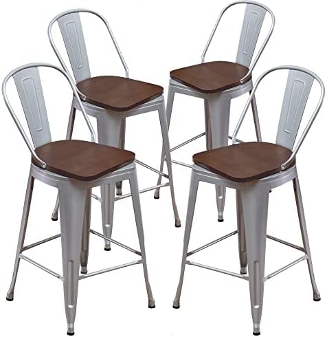 Aklaus Swivel Metal Bar Stools with Backs Counter Stools Set of 4 Counter Height Stools High Back Bar Chairs 24 Inches Barstools Farmhouse Silver