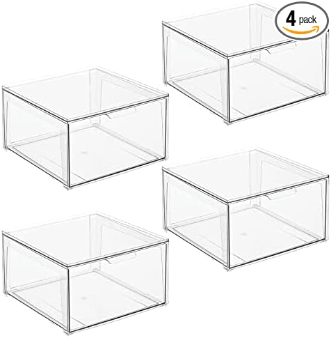 mDesign Plastic Stackable Closet Storage Organizer Bin Containers with Front Pull Drawer for Cabinet, Desk, Shelf, Cupboard, or Dresser Organization - Lumiere Collection - 4 Pack - Clear