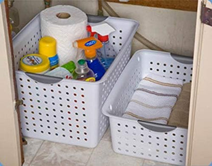 Sterilite Ultra Storage Basket with Handles for At Home or Organization, in Size Deep (6 Pack) and Medium (12 Pack), White