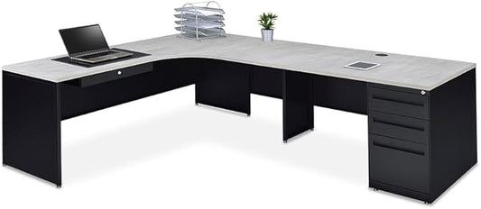 NBF L-Shaped Executive Office Desk - Durable Laminate Computer Desk with Three Drawers - Modern Desk with Storage and File Cabinet (72" Wx 96" D, Gray, Maple)