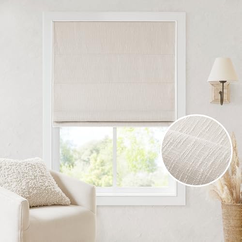 Madison Park Cordless Roman Shades, Total Blackout Window Blind Privacy Window Shades, Thermal Insulated Cordless Window Treatment for Bedroom, Living Room, Quincy, Single Panel 35" W X 64" H Linen