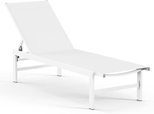 Outdoor Lounge Chairs for Pool, Aluminum Chaise Lounge Chairs with 5-Position Recliner, Patio Lounge Chair for Backyard, Poolside, Deck, Lawn, White