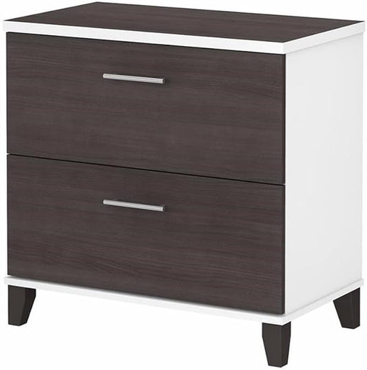 Pemberly Row Wood 2 Drawer Lateral File Cabinet in White and Storm Gray