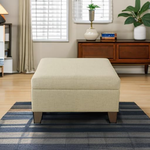 HomePop Woven Square Storage Ottoman with Wood Legs, Linen Tan