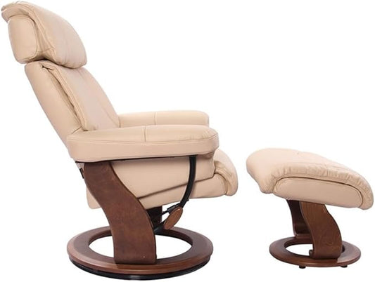 Pemberly Row Stressless Recliner with Ottoman in Beige Faux Leather, Swivel Recliner Ottoman for Comfortable Home Seating
