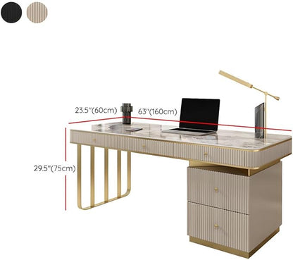RUNNUP Stone top Computer Desk with 5 Drawers, Rectangular Home Computer Desk Writing Desk, Modern Executive Desk, Without Chairs, Khaki, 63" L x 23.5" W x 29.5" H