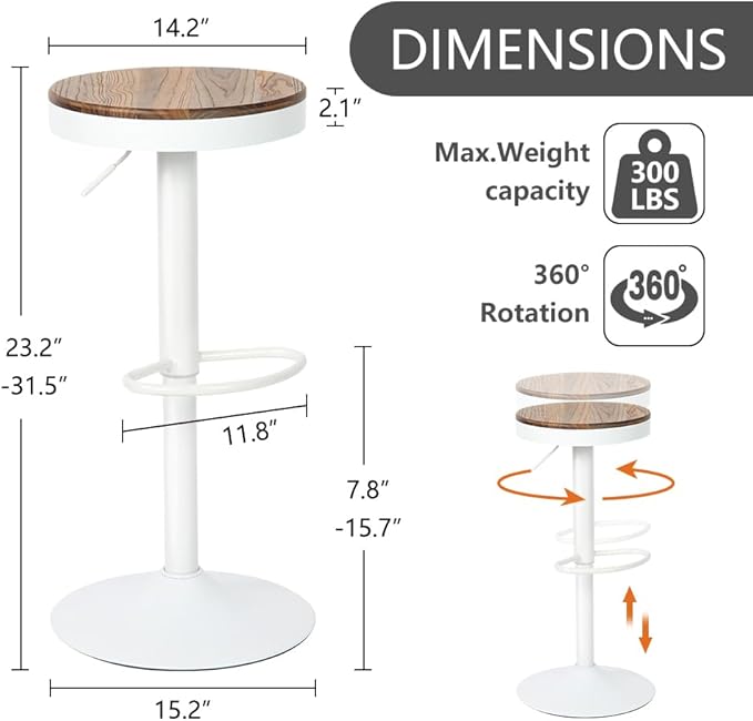 Kidol & Shellder Bar Stools Set of 4 Round Adjustable Swivel Barstools Modern Backless Bar Chairs Wooden Seat Counter Height Stools Armless for Kitchen Island, Cafe, Dining Room White