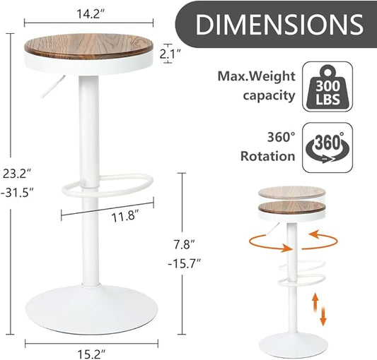 Kidol & Shellder Bar Stools Set of 2 White Round Adjustable Swivel Barstools Modern Backless Bar Chairs Wooden Seat Counter Height Stools Armless for Kitchen Island, Cafe, Dining Room