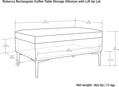 SIMPLIHOME Rebecca 36 inch Wide Mid Century Rectangular Coffee Table Storage Ottoman with Lift Up Lid in Cloud Grey Polyester linen Look, Assembled, For the Living Room, Entryway and Family Room