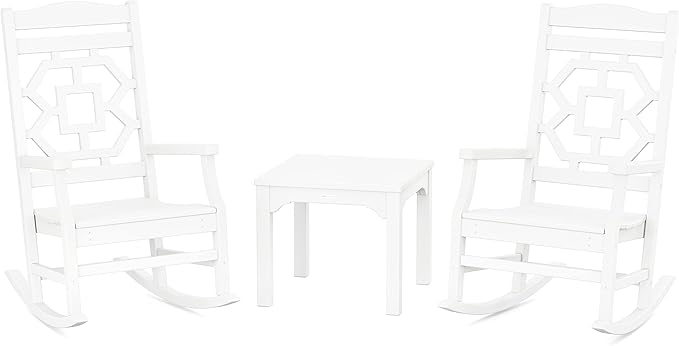 Martha Stewart by POLYWOOD Chinoiserie 3-Piece Outdoor Rocking Chair Set with Patio Side Table, White, HDPE All-Weather Furniture, Classic Porch Rockers for Deck, Garden & Backyard, Made in The USA