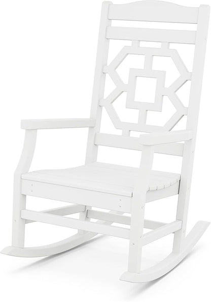 Martha Stewart by POLYWOOD Chinoiserie 3-Piece Outdoor Rocking Chair Set with Patio Side Table, White, HDPE All-Weather Furniture, Classic Porch Rockers for Deck, Garden & Backyard, Made in The USA