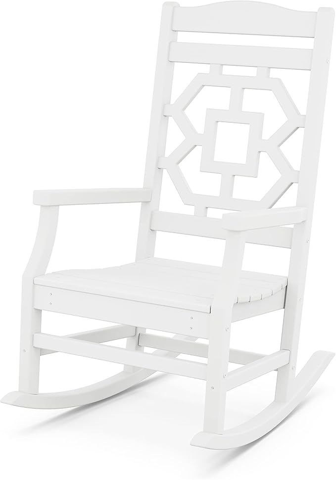 Martha Stewart by POLYWOOD Chinoiserie Outdoor Rocking Chair, White, Durable HDPE All-Weather Patio Furniture with Decorative Lattice, Classic Porch Rocker for Deck, Garden & Backyard, Made in the USA