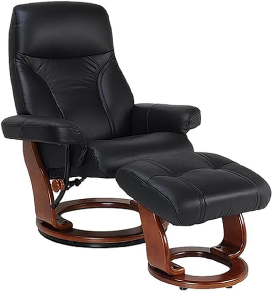 Pemberly Row Contemporary Black Leather Swivel Recliner with Matching Ottoman