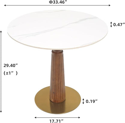 Sintered Stone Office Table - 33.5" Round Table for Small Offices (Light Brown Leg and White Top, 1 Table Only)