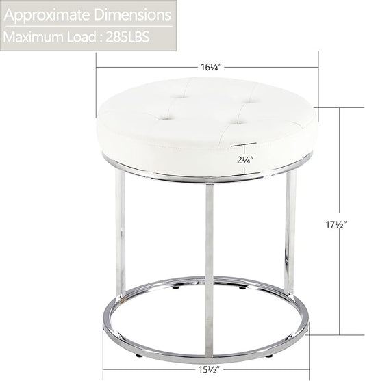 DUHOME Faux Leather Ottoman Stool, Vanity Chair Button Tufted Footrest Stool Makeup Stool with Metal Base for Living Room Bedroom, White
