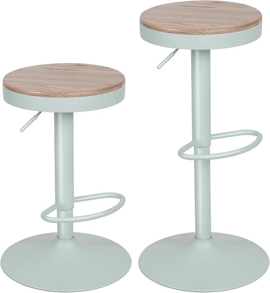Kidol & Shellder Bar Stools Set of 2 Round Adjustable Swivel Barstools Modern Backless Bar Chairs Wooden Seat Counter Height Stools Armless for Kitchen Island, Cafe, Dining Room (Mint Green)