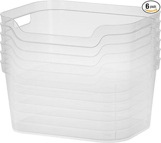 Sterilite 7 x 11 x 14.25 Inch Polished Open Scoop Front Storage Bin with Comfortable Carry Through Handles for Household Organization, Clear (6 Pack)
