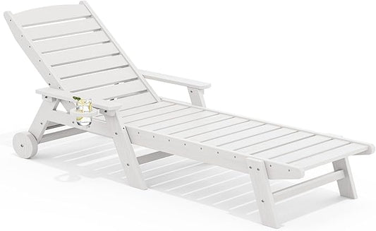 SERWALL Patio Chaise Lounge Chair, 78'' Long HDPE 5 Positions Adjustable Outdoor Lounger, Poly Lounge Chair with Rolling Wheels & Cup Holder for Pool, Light White
