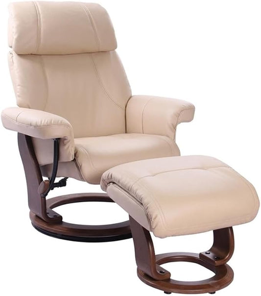 Pemberly Row Stressless Recliner with Ottoman in Beige Faux Leather, Swivel Recliner Ottoman for Comfortable Home Seating