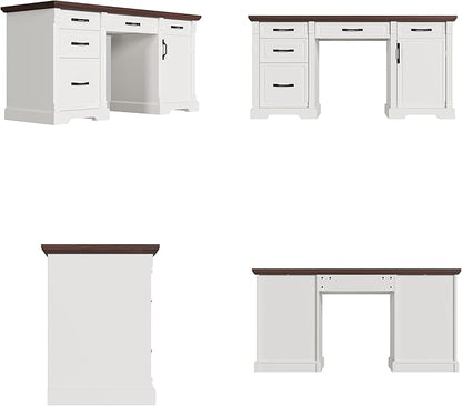 59" W Large Executive Desk, Modern Computer Desk with 5 Drawers & File Cabinet, Rustic Computer Table with Storage, Farmhouse Study Table for Home Office, Living Room, White and Brown