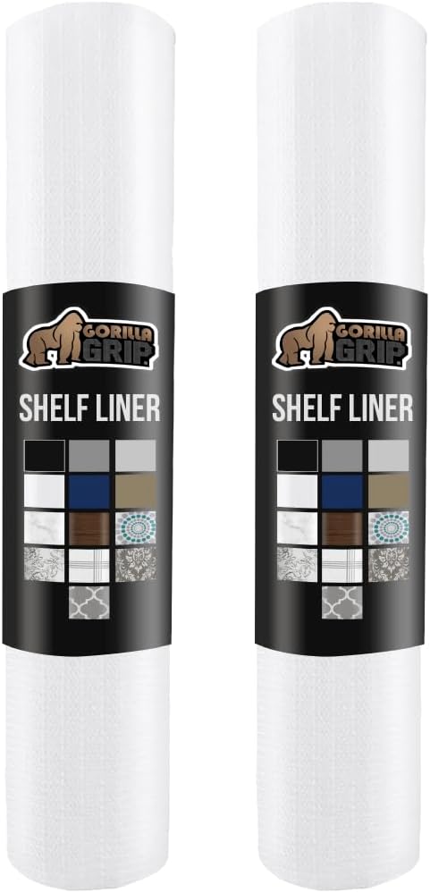 GORILLA GRIP Slip Resistant Drawer and Shelf Liner 2 Pack, Non Adhesive Water Resistant, Easy Clean and Trim, Smooth Surface Liners for Kitchen Cabinet, Shelves, Drawers, Pantry, 12 in x 20 FT, White