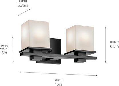 KICHLER Tully 15" 2-Light Vanity Light with Satin Etched Cased Opal Glass in Black for Over a Vanity, Soft Modern Style, (15" x 6.5" x 7"), 45150BK