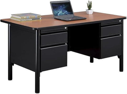 nbf signature series Stahl Double Pedestal Office Desk – Durable Cherry Laminate Computer Desk with 4 Lockable Drawers – Modern Executive Desk with File Cabinet – 60" W x 30" D Office Work Desk