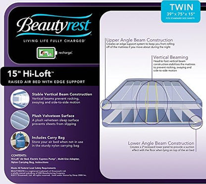 Beautyrest Hi-Loft Twin Size Air Mattress with Vertical Beam Construction, Edge Support, External Pump and Puncture Resistant Vinyl for Guests and Camping (Pack of 2)