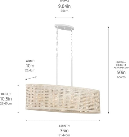 KICHLER Sayulita 4-Light Linear Chandelier in a Classic White Finish with a White Washed Wicker Shade, 82402