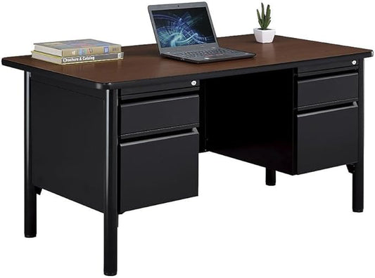 nbf signature series Stahl Double Pedestal Office Desk – Durable Walnut Laminate Computer Desk with 4 Lockable Drawers – Modern Executive Desk with File Cabinet – 60" W x 30" D Office Work Desk