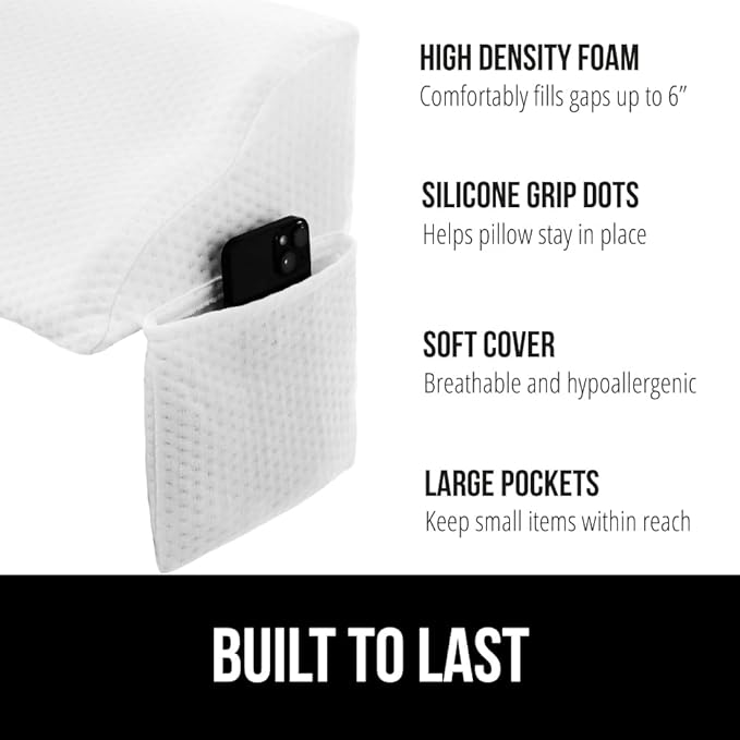 GORILLA GRIP Patent Pending Bed Wedge Pillow Headboard Gap Filler, US Designed, Comfortable Supportive High Density Foam Pillows, Stay in Place Gripping Dots, Wedges Between Mattress, Full Size White