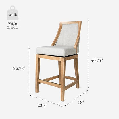 Maven Lane Vienna Counter Stools 26 Inches – Set of 4 – Swivel Stools with Footrests – Brown Solid Wood and Natural Fabric Upholstery – Ideal for Kitchen Islands and Counters