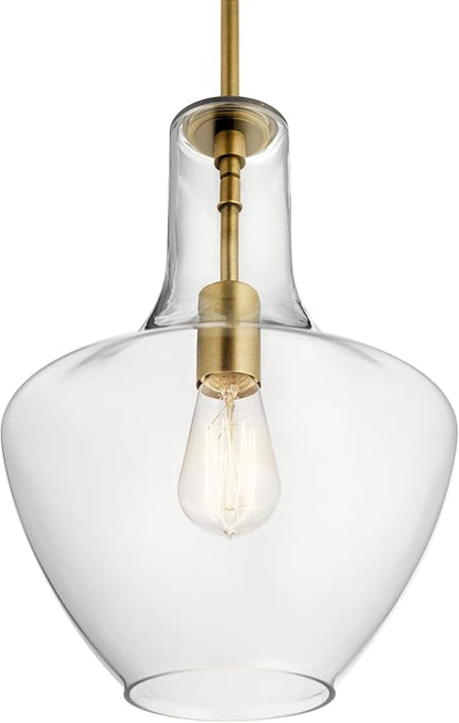KICHLER Everly 15.25" 1-Light Bell Pendant with Clear Glass in Natural Brass, for a Kitchen Island, Dining Nook, or Home Bar, (15.25" x 10.5") 42456NBR