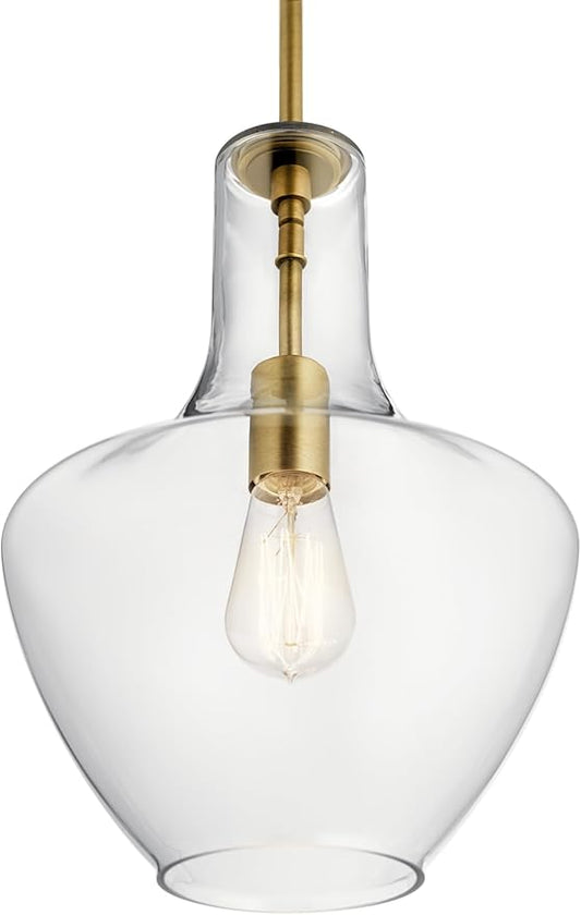 KICHLER Everly 15.25" 1-Light Bell Pendant with Clear Glass in Natural Brass, for a Kitchen Island, Dining Nook, or Home Bar, (15.25" x 10.5") 42456NBR