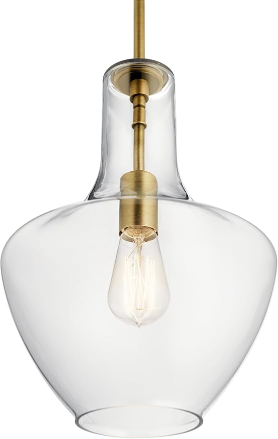 Everly 15.25" 1-Light Bell Pendant with Clear Seeded Glass in Brushed Natural Brass, for a Kitchen Island, Dining Nook, or Home Bar, (15.25" x 10.5") 42141NBRCS