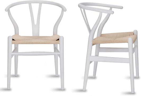 Tomile Wishbone Chairs Set of 2, Modern White Dining Chair with Arms, Solid Ash Wood Frame with Woven Seat, Mid-Century Y-Back Design for Kitchen & Dining Room Chairs Set (Ash Wood - White)