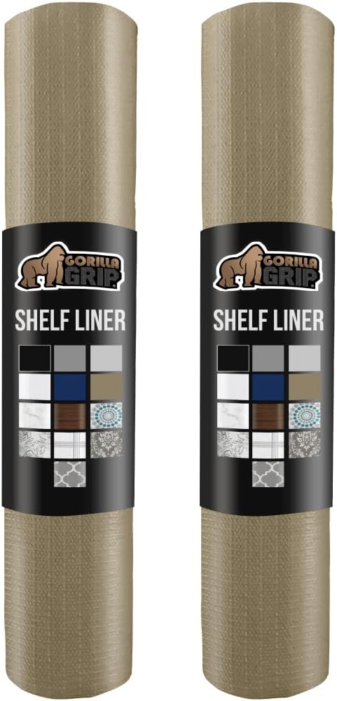 GORILLA GRIP Slip Resistant Drawer and Shelf Liner 2 Pack, Non Adhesive Water Resistant, Easy Clean and Trim, Smooth Surface Liners for Kitchen Cabinet, Shelves, Drawers, Pantry, 12 in x 20 FT, Beige